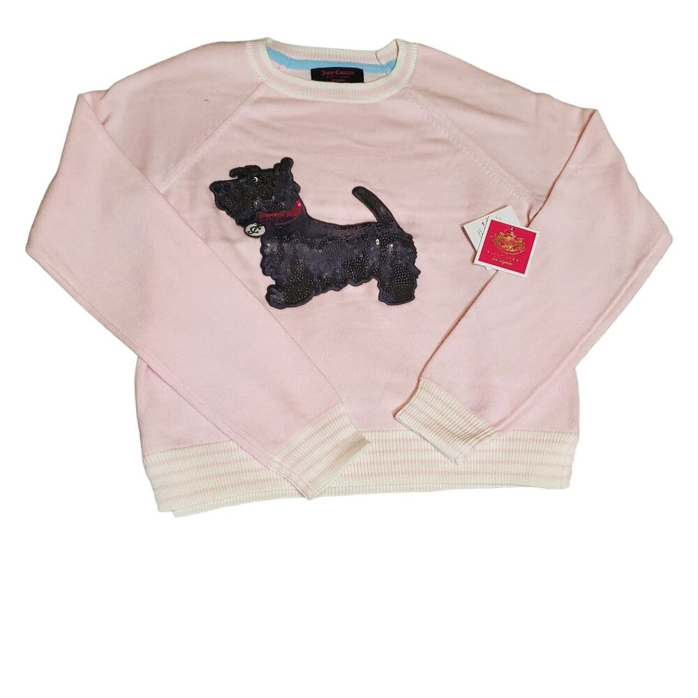 Juicy Couture Whisper Pink Scottie Sequin Patch Pullover  Sweater‎ Sz 12 girls